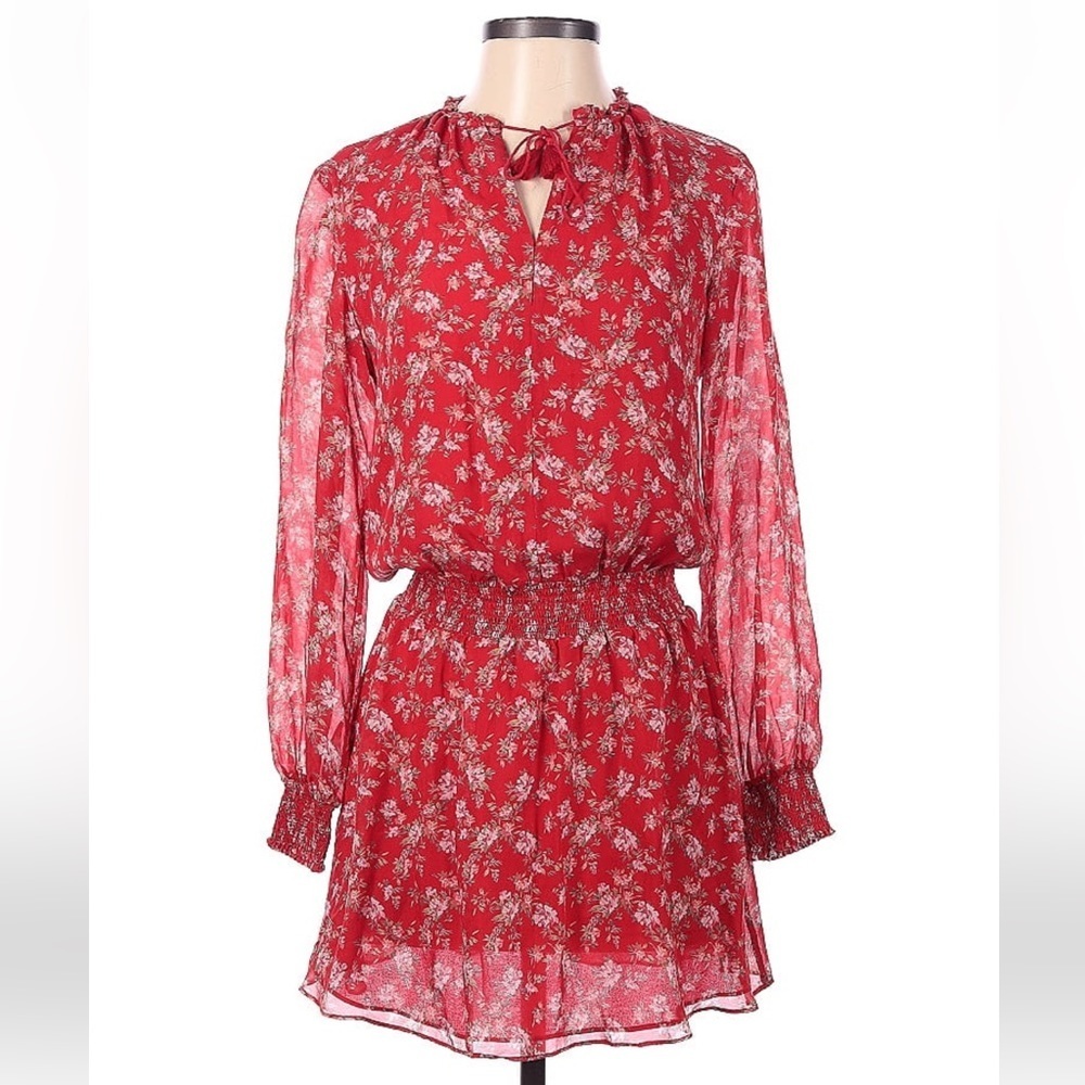 Intermix Red Floral Silk Smocked Mini Dress Large cottagecore coquette Large
